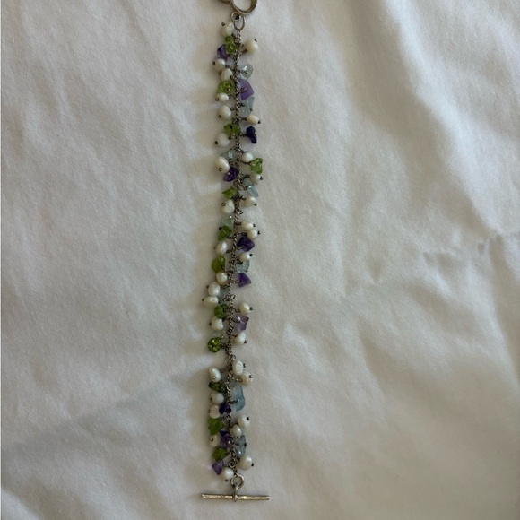 Pearl Amethyst Peridot Aquamarine Nugget Dangle Sterling Bracelet 925 7.5” - Picture 3 of 7
